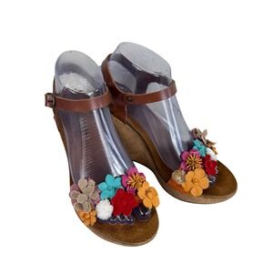 Biostep Floral Wedge Sandals Multi Color 3D Leather Flower Boho Size 38 7.5